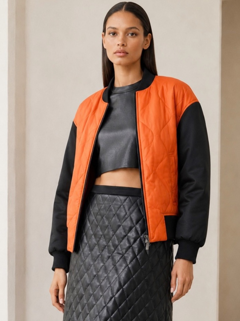Neil Barrett Made in Italy Women‘s Orange & Black Quilted Bomber Coat Jacket XS